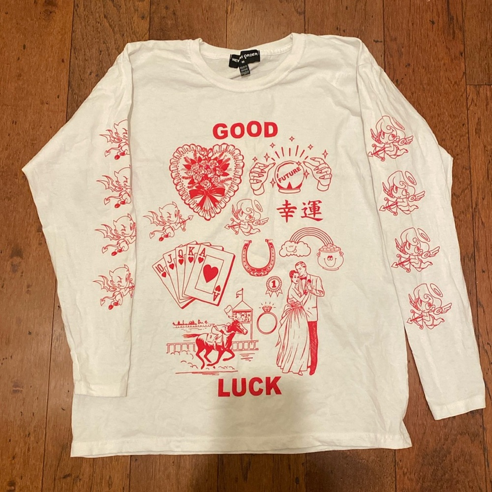 Red Graphic Long Sleeve Tee in White